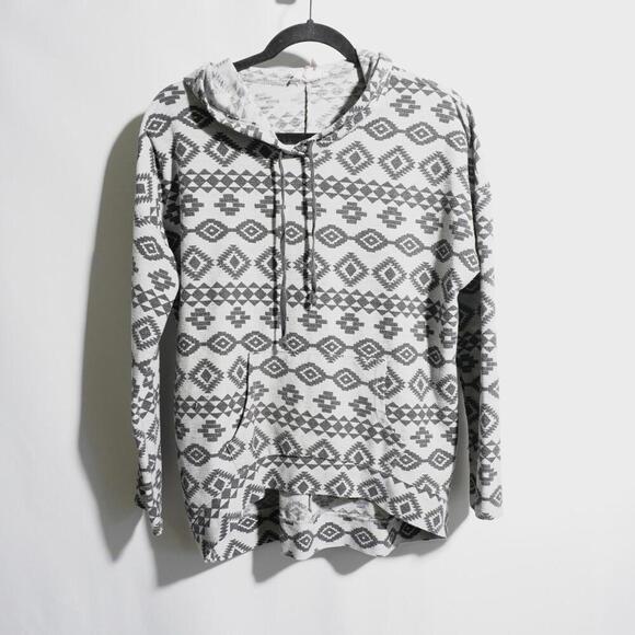 Gray AOP Aztec Print Hoodie Sweatshirt USA Made Pullover Skater 2000s Oversize S - Picture 1 of 5